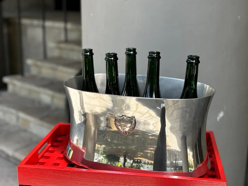 SOLD !Dom Pérignon double magnum cooler designed by Martin Szekely – Multi bottle pewter champagne bucket – Vintage ice basin – Made in France