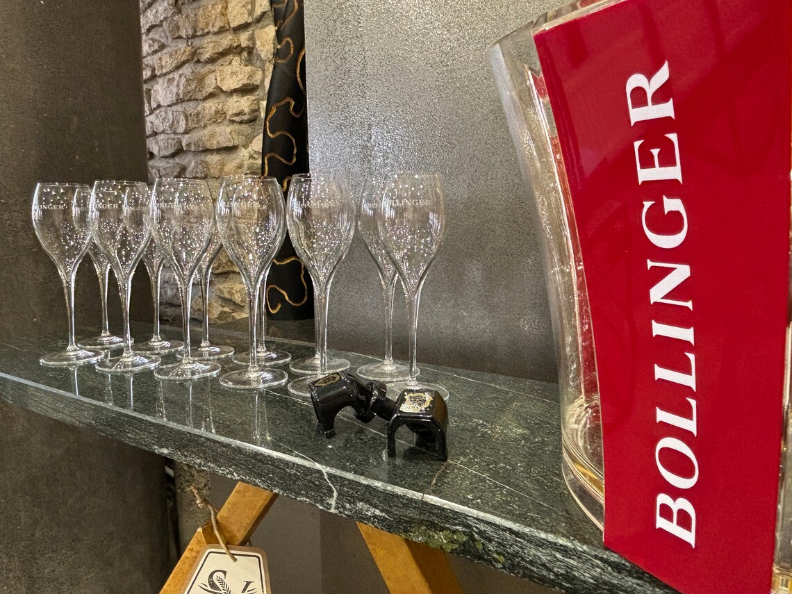 SOLD ! 15 piece Bollinger Champagne Party Set 1 Bollinger multi bottle ice basin 12 Bollinger crystal glass 2 Bollinger stopper – French gift idea