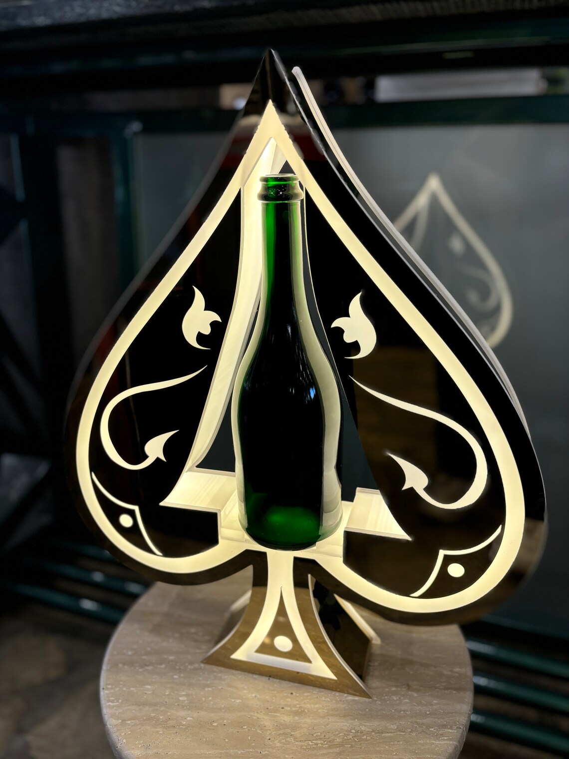 SOLD ! Original Armand de Brignac champagne bottle presenter in the shape of the Ace of Spades logo 2 colors LED Display Battery Operated Glorifier