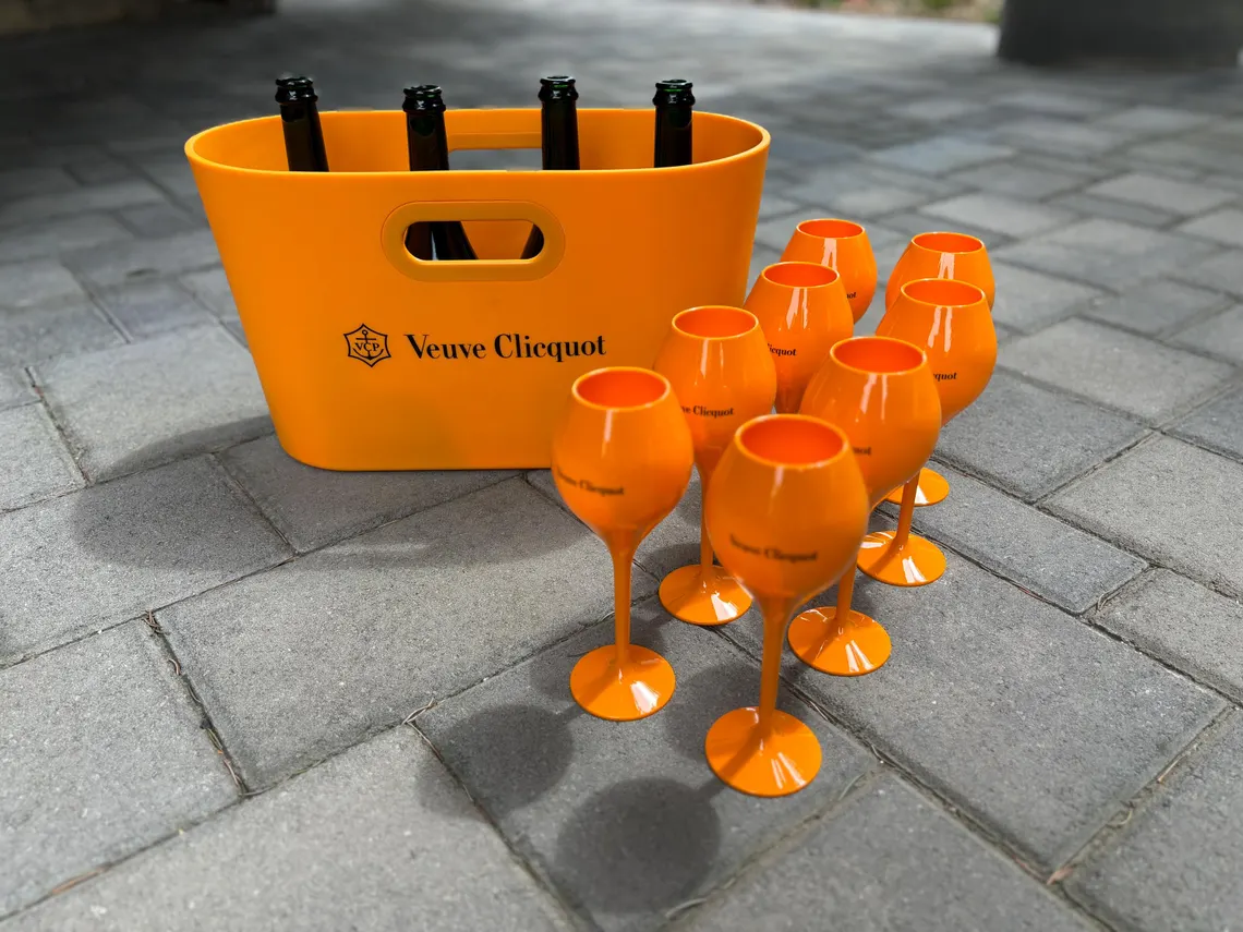 SOLD! Veuve Clicquot Ponsardin Multi bottle rubber bucket or basket & 8 orange VCP plastic glasses – The best party gift imaginable Made in France