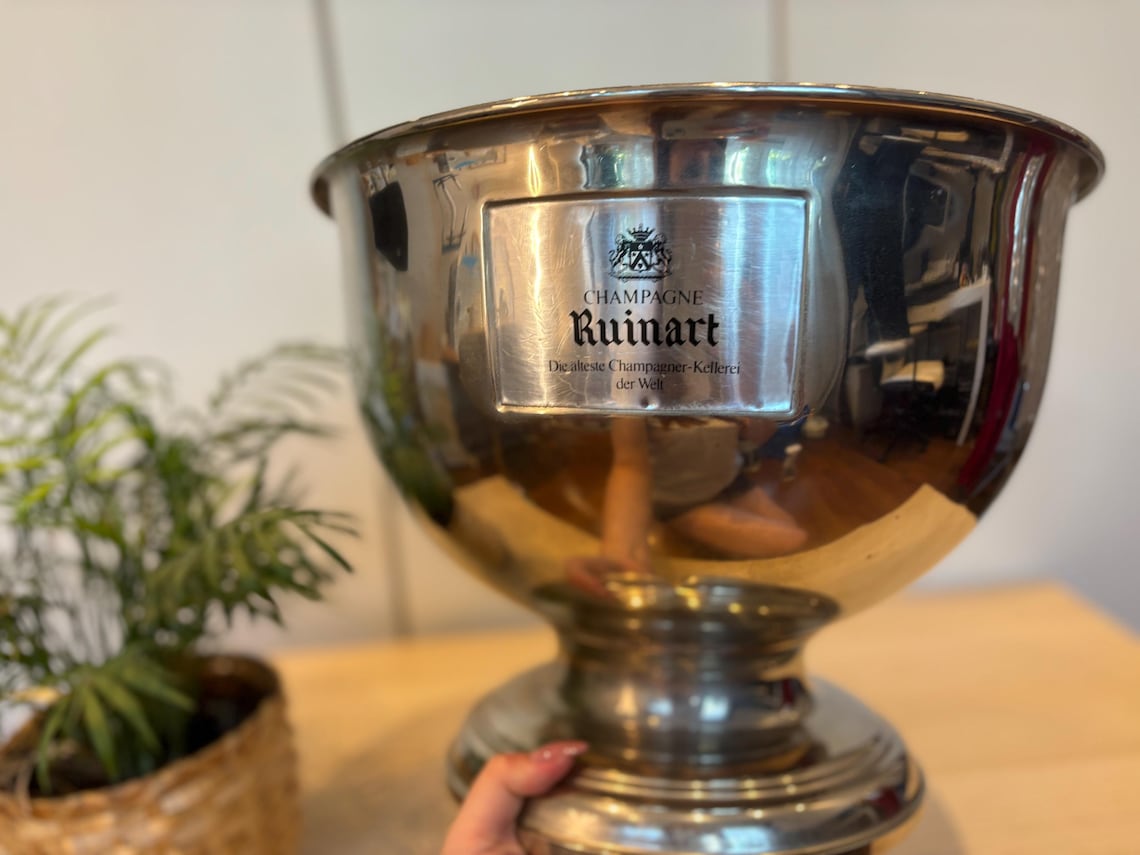 RUINART multi bottle champgne or wine cooler – Vintage large size ice bucket with two champagne brand plaques Ruinart and ADAM (Heinkell)