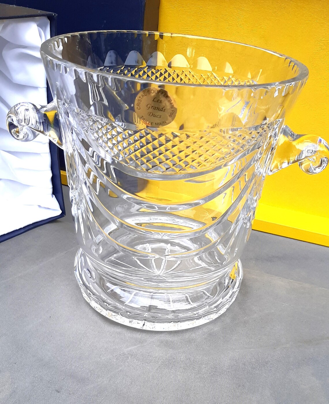 Hand Blown and Hand Carved vintage crystal ice bucket With original box & certificate of authenticity Made in France Grand champagne cooler