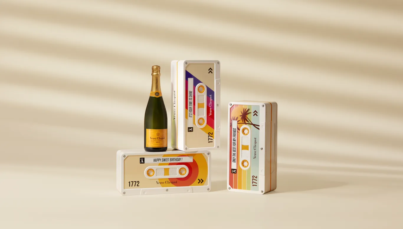 4 pcs Veuve Clicquot cassette box , RARE tin champagne bottle holder Audio Tape Metal Box Limited Edition Cassette Tape