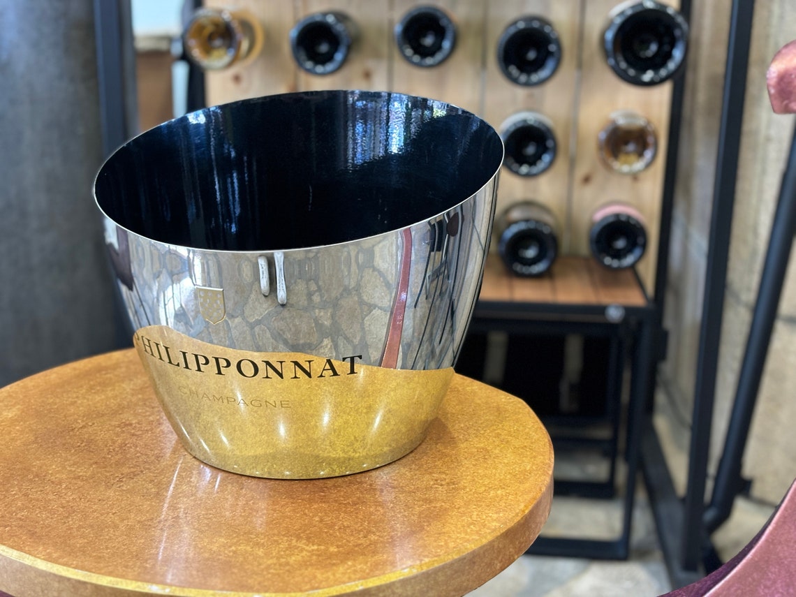 RARE Champagne Philipponnat ice basin Double magnum champagne / wine cooler Silver and black metal bucket XXL beverage cooler Made in France