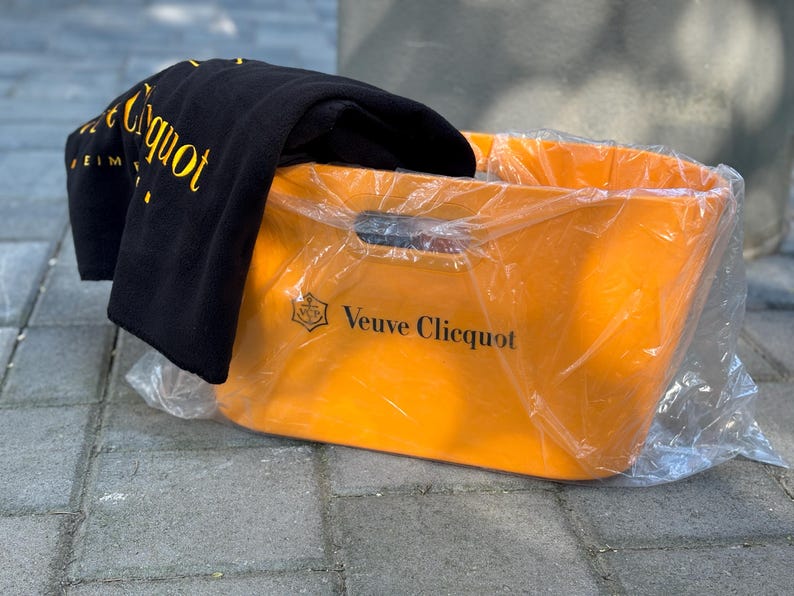 VEUVE CLICQUOT rubber ice bucket or carry bag + Black Veuve Clicquot picnic plaid 2 VCP gifts one postage Ponsardin presents Made in France