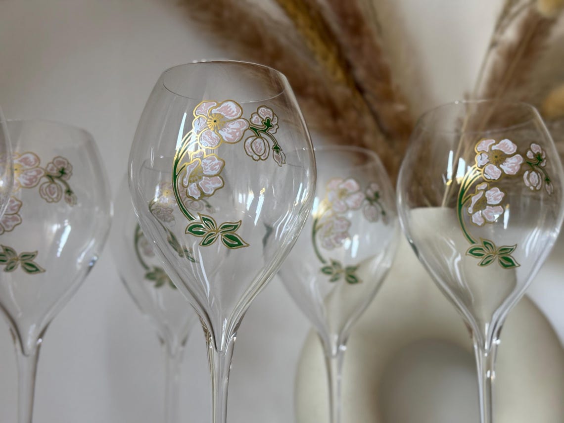 PERRIER JOUET Champagne Flutes – 6 Belle Epoque hand painted crystal glass Decorated with Emile Gallé’s Japanese anemone patterns