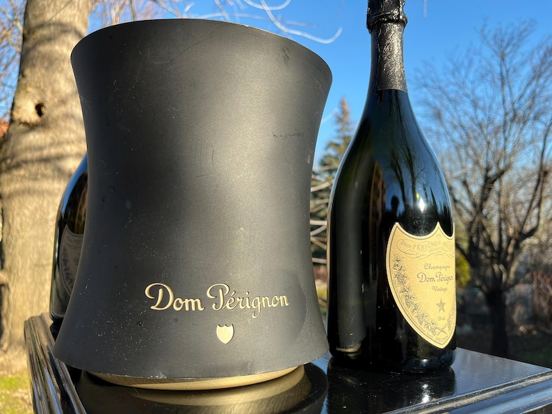 DOM PÉRIGNON Pewter ice bucket an 2 DP Vintage Dummy Bottle – Gold Shield cooler + Empty decorative bottles