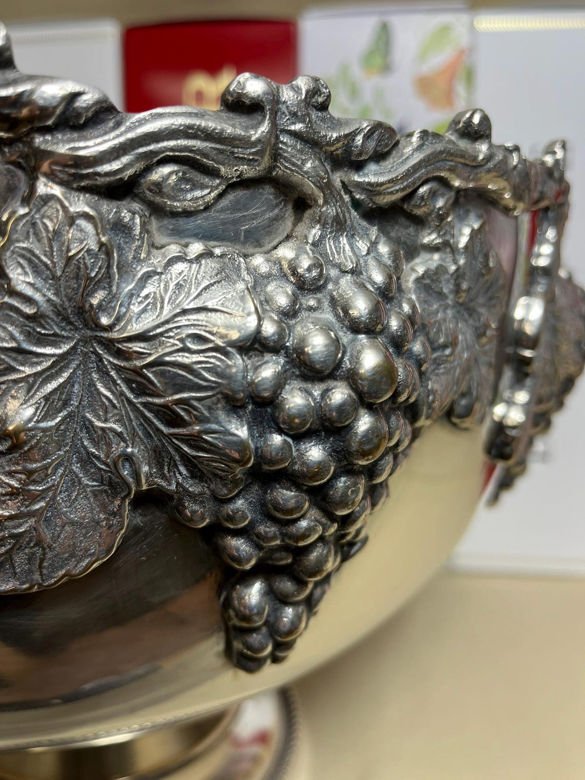 Silver Plated Multi-bottle beverage cooler ice bowl Detailed grape cluster decoration from the 1960s – Made in France