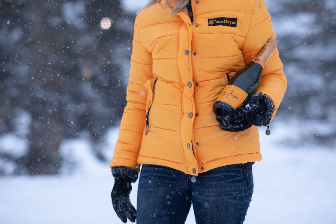 VEUVE CLICQUOT Ski Jacket – VCP orange puffer coat, Veuve Clicquot women clothes, Fashionable Clicquot jacket, Warm ski jacket