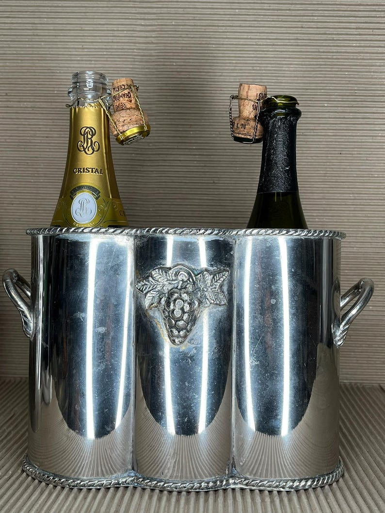 Vintage silver-plated champagne or wine cooler for one or two bottles with a removable ice grid – Made in France in the 1960s